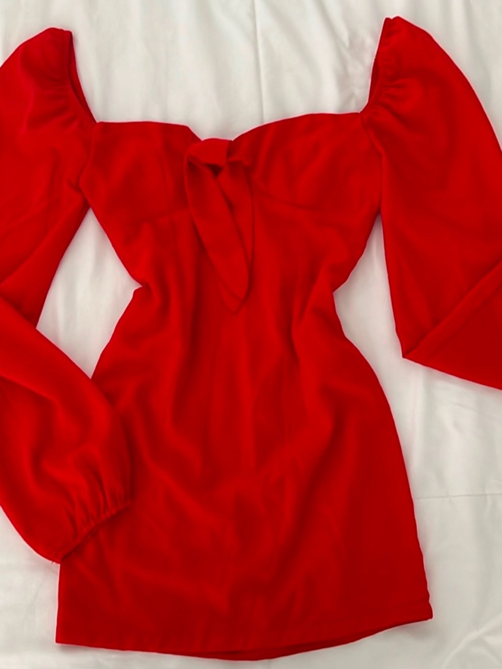 Red Tie-Front Long Sleeve Dress